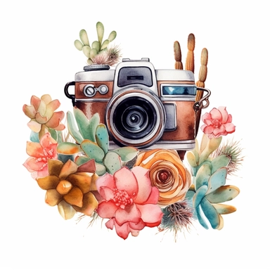 Watercolor A camera with a filmstrip and snapshots with flower Clipart desert cartoon t-shirt graphic, vector, contour, isolated on a white background