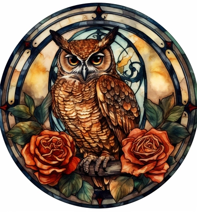 DESIGN A MAGNIFICENT AND EXQUISITE BREATHTAKING ONE-OF-A-KIND HIGH QUALITY HIGHLY DETAILED MASTERPIECE WATERCOLOR CLIPART ILLUSTRATION OF an owl and roses in a circular frame, in the style of powerful symbolism, aquarellist, stained-glass, massurrealism, cybermysticsteampunk, strong sense of realism, crowcore, STAINED GLASS WONDOW, WHITE BACKGROUND