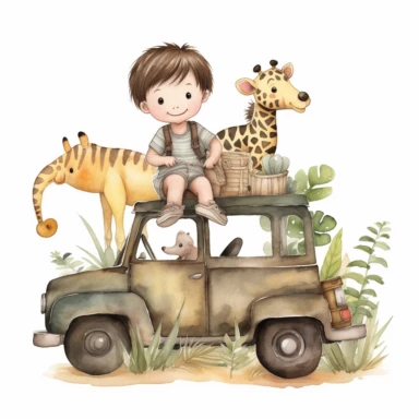 watercolor clipart,A super cute happy boy and safari animals, in a jungle jeep, illustration watercolor style, minimalistic, clipart, children's book illustration, hd, 16k, 4k ,isolated white background,single design, single object, watercolor illustration by lizzie mackay ,print on demand image, PNG transparent background, white background for removing background