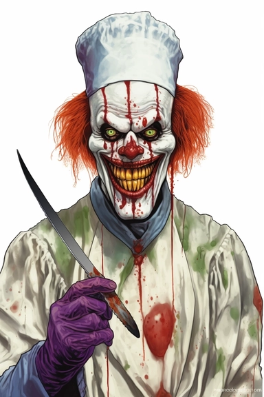 evil clown, white background, PNG, sharp white border, James C. Christensen, Butcher Billy, Jim Mahfood, clipart, clean border, white background