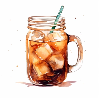 clip art, white background, cold brew coffee with straw in mason jar, ice cubes , watercolor and ink design