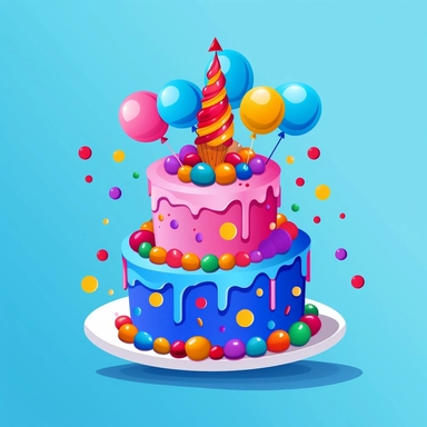 Generate a clipart image of a birthday cake with a playful and fun design. Use bright colors, geometric patterns, and edible fondant decorations like balloons and confetti.