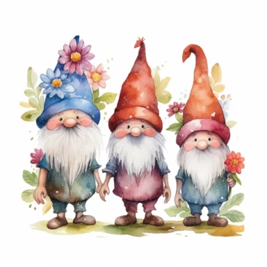 semi-cartoon style hand drawn watercolour clipart set of 3 cute gnomes with large bulbous noses in bright boho colors holding wild flowers, white background, 300 dpi, high quality digital art suitable for printing, spaced apart