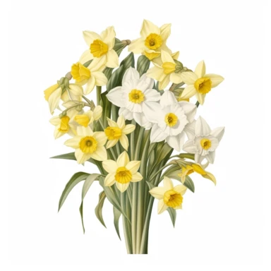 botanical clipart, full jonquil flower bouquet entire, isolated on white background, Margaret Mee, Pierre-Joseph Redouté, Sydney Parkinson, 8k