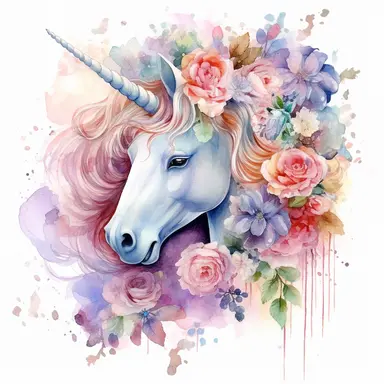 Watercolor Floral Unicorn, peony flowers, roses, Pastel colors, Fantasy, royal, elegance, whimsy, magical, on white background Sublimation Clipart,hyper realistic, intricate detail, illustration style,high solution,on the white background