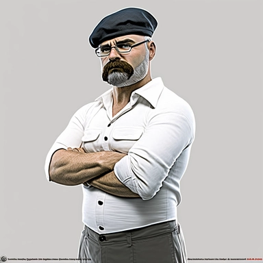 clipart of thin jamie hyneman, white shirt, wearing beret, photorealistic, full body portrait