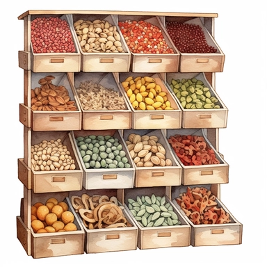watercolor detailed illustration of A selection of nuts, seeds, and dried fruits in bulk bins in a grocery store, clipart, white background