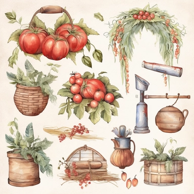 Design a vintage - style, watercolor garland or wreath for the 'Farmer's Kitchen' mystery box label, featuring tomatoes, basil, poppies, and other items from the box, as well as a couple of themed clipart elements for decoration. The garland or wreath should have a soft, romantic aesthetic and be hand - drawn in a watercolor style. The colors should be muted and natural, with pops of bright red and orange for the tomatoes and poppies. The overall design should be whimsical and charming, with a t
