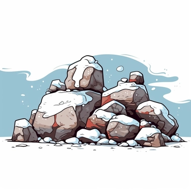 snow covered rocks, cartoon style, minimalist clipart, thick outline