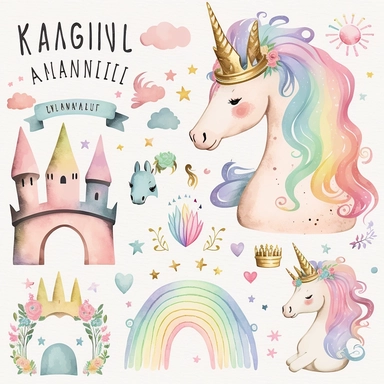 rainbow pastel unicorn, fairy, princess castle, princess crown, rainbow, plastercine, soft watercolour light, clipart svg white background