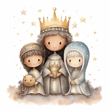 A watercolor painting of a cute nativity with 3 wise men holding gold, frankincense and myrrh, Christmas, cute detailed digital art, inspired by nicoletta ceccoli, by Kubisi art, whimsical and cute, by nicoletta ceccoli, cute detailed artwork, glimmering, adorable and whimsical, whimsical art, Clipart style, png style, svg style, blank white background, a solid white background
