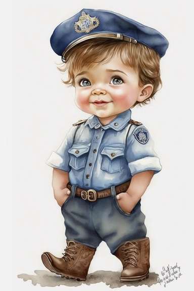 Little police boy, 1 year old, brown hair, watercolor, happy boy, blue uniform, Full Body,Clipart,white background