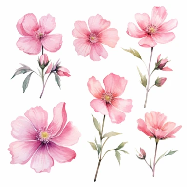 Captivating watercolor clipart set featuring pink flower blossoms, each captured from a different angle, framed with dynamic brushstrokes that convey a sense of movement, energy, and the ever-changing nature of life's journey, clipart on a white backdrop.