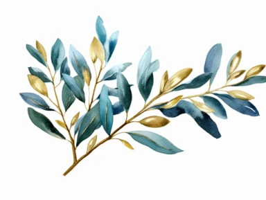 watercolor clipart high detailed teal olive branch with gold glitter on white background