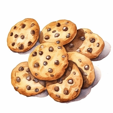 watercolor, hand drawn fresh baked chocolate chip cookies clipart, hd, white background, spaced out--ar 3:2