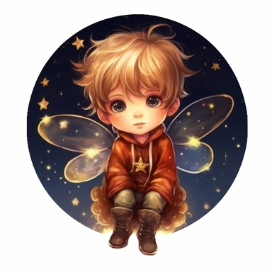 a cute little boy fairy with starry eyes, in the style of realistic color schemes, official art, flickr, tondo, made of insects, soft-edged, cranberrycore with white background for clipart