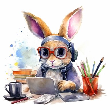 watercolor clipart, cute clever funny bunny, in style programmer, working on a computer, big and adorable eyes, funny and floppy ears, white background, no watermarks, no artists signature, no overlay mesh