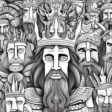 black and white coloring page for adults, lots of kings and queens , in the style of ominous vibe, monochromatic white figures, fine lines, creative commons attribution, wallpaper, childs drawing, animated exuberance, no shading, clipart, white background