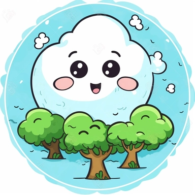 Clipart of a mystical landscape of planet Earth. Round image with a cute kawaii planet earth cartoon eyes and a cartoon smile with a white background