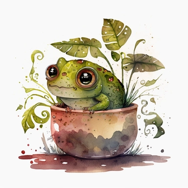 Potted pilea plant, floral illustration vector clipart alcohol ink On the leaf, the author has a cute and playful little frog,