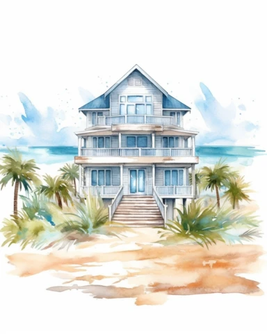 Watercolor clipart huge beach house, wide angle, long shot, realistic, isolated on white background