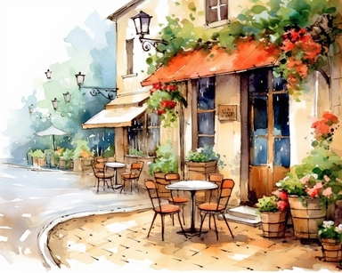 Clipart, watercolor painting, coffee shop As the gentle breeze carries the faint aroma of fresh coffee, you find yourself captivated by the scene before you. Nestled in a quaint street lined with charming buildings, a quaint looking cafe. The outdoor seating area beckons with rustic charm, decorated with cast iron chairs and tables decorated with vibrant potted flowers. In the background, a gentle stream meanders through a lush green garden, creating a relaxing atmosphere that perfectly compleme
