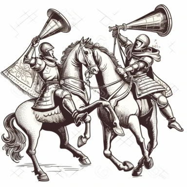 two knights jousting on horseback with megaphones in their hands as they charge towards eachother cartoon drawing clipart vector black and white detailed crosshatched vintage