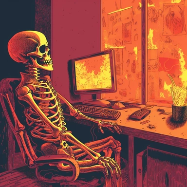 skeleton sitting in a cubicle office while burning in flames and working on a 90's style computer, large 90's computer screen 2d, duotone, handdrawn, clipart