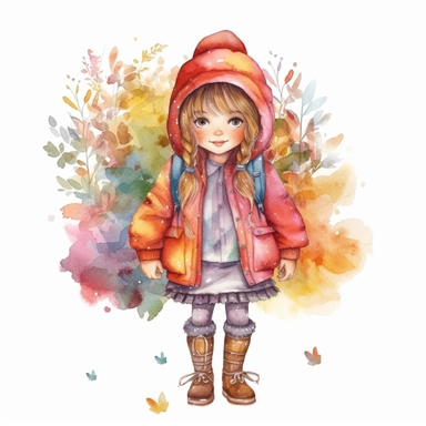 forest girl clipart, girl wearing rainbow pasteln color riding hood , Fairytale Clipart , watercolor illustration for kids, png file, hyper realistic, transparent background, high detail, 8k