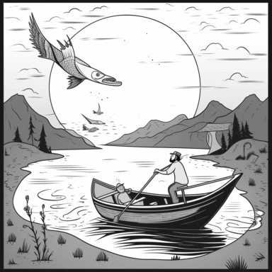 Draw a cartoon clipart of a Cormorant bird fishing, with a simple outline and bold lines, suitable for a children's coloring book. The caption should read The Cormorant loves to fish, but remember not to disturb its home! Add a background that fits the story, with simple outlines and bold lines, in black and white. Make sure to leave some space for children to color. kawai