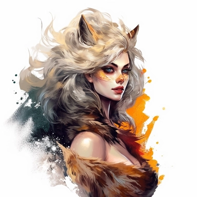beautiful stunning pretty vintage werewolf female character, paint art style, clipart, white background, superrealistic, one of a kind