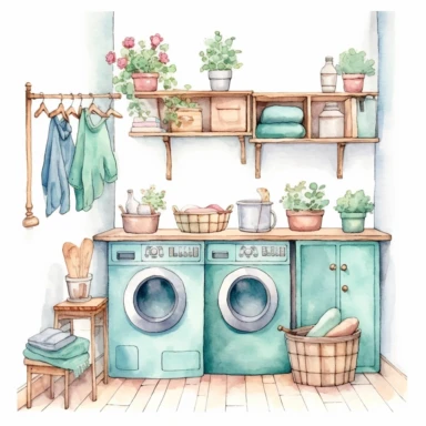 whimsical watercolour cute clip art laundry room