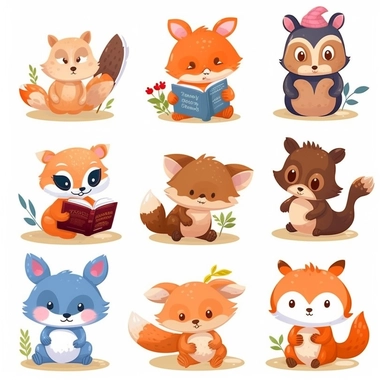 Create a set of clipart featuring cute animals engaged in various activities like reading a book, playing with a ball, gardening, or cooking. These versatile and adorable animal illustrations can be used in various educational materials, children's books, or crafting projects.