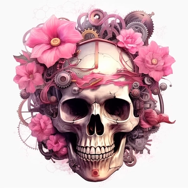 Pink Steampunk Skull Flower Sublimation Girl Clipart ,Cartoon,hyper realistic, intricate detail, illustration style,high solution,on the white background