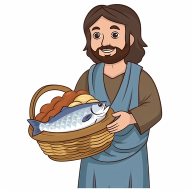 Jesus Christ holind a basket filled bread and fish clipart