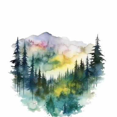 misty mountains in the distance, tall forest trees, watercolor clipart, bright colors, minimalist, isolated white background, 8k