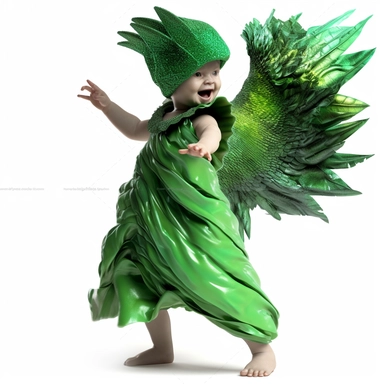 green baby girl Godzilla, looks like an alien, doing high step dance moves, wearing a designer dress made from Phoenix feathers , ultra high fashion, wearing ruby neck scarf, techno lighting, disney cuteness, plain white background, cutout clipart