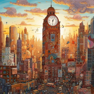 In a bustling cityscape where the boundaries of reality blur, imagine a vibrant and eclectic scene that seamlessly blends everyday urban life with unexpected and whimsical elements. As the sun sets, casting a golden glow across the horizon, the city comes alive with an array of random objects and fantastical surprises. At the heart of this surreal metropolis, towering skyscrapers stand tall, their sleek glass facades reflecting a kaleidoscope of colors. Amidst the concrete jungle, peculiar featu