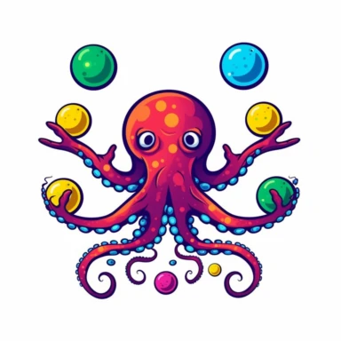 octopus, throwing balls in the air, above his head, juggling, colorful, clip art, logo
