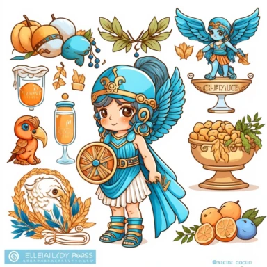 Greece MYTHOLOGY CLIPART - Main color theme: blue , white and orange , greek , Detailed, cute , sweet, highly realistic ,high resolition,no captions ,on a white background