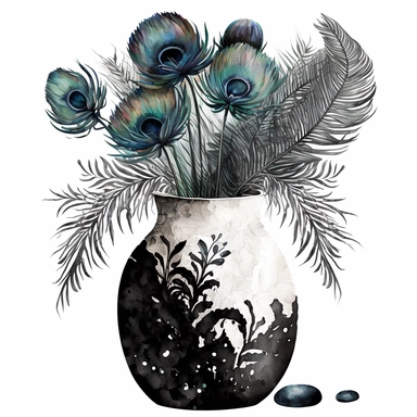 CLIPART WATERCOLOR BLACK VASE WITH WHITE MOISAIC ON IT, FILLED WITH WHITE AND BLACK PEACOCK FEATHERS