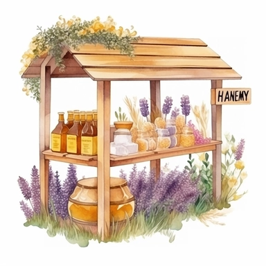 hand drawn honey stand, honey for sale, flowers and grass, shades of yellow and purple, very detailed, very realistic, watercolor, clipart style white background with margins