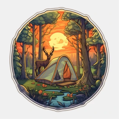 Sticker logo, featuring trees, lush foliage, and woodland creatures like deer or squirrels, capturing the essence of camping in nature, on transparent background free clipart, in the style of digital painting and drawing, 2d game art, scoutcore, anime-influenced, cabincore, high resolution, light sky-blue and dark maroon