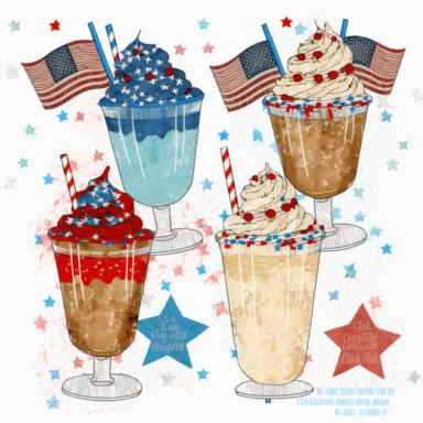4th of july iced coffee clipart 4 different cups sprinkles on whipped cream red white blue flag stars clipart