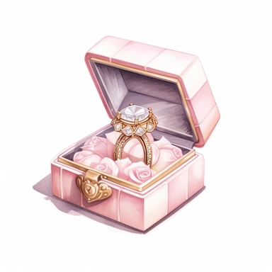 Shiny white diamond bridal ring inside rose embellished baby pink vintage and rose decorated box, in a feminine style popular on Etsy, isolated on a white background, high resolution, highly detailed, watercolor clipart illustration, soft pastel color theme, baby pink, 8k UHD isolated image on white background, hyper - realistic high resolution,