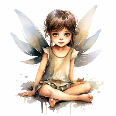 little girl, big eyes, dressed as a fairy with wings on her back, beautiful and happy, she is sitting and head is turned towards camera, very detailed and realistic, watercolor, white background with margins, clipart style