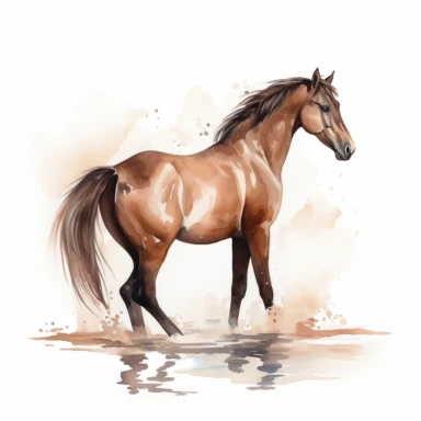 A clipart that shows a majestic brown horse in a graceful pose on a white background. The horse's body is elegantly curved to emphasize its beauty and grace. It may be standing on a slight hill or in an idyllic landscape. The water colors give the clipart a soft and flowing look. The colors can be soft and pastel to create a calm atmosphere. Use different shades of blue for the background to create a natural water or sky look. The contours of the horse are subtle and well defined to clearly show