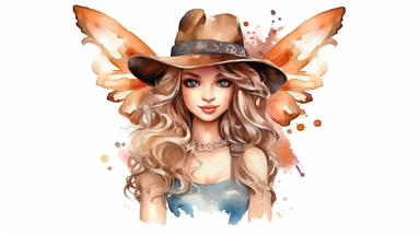 a cute cowgirl fairy, thick border lines, watercolor, clip art, spaced out, white background
