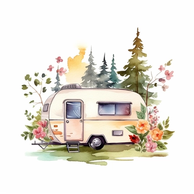 travel camping trailer with cute flowers and trees behinds the backgound clipart watercolor