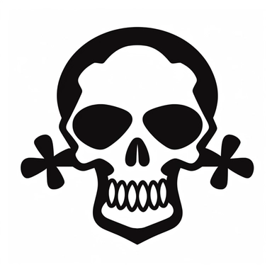 black and white silhouette of a cartoon skull and crossbone icon, clipart style, white background, thick lines, vector, simple design, flat colour, solid colour